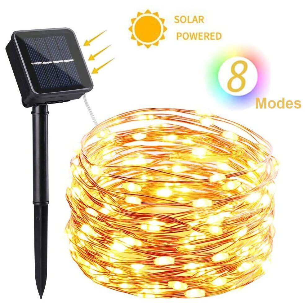 White 100 Led Solar-Powered String, 8 Twinkle Modes Warm Fairy Lights 33Ft