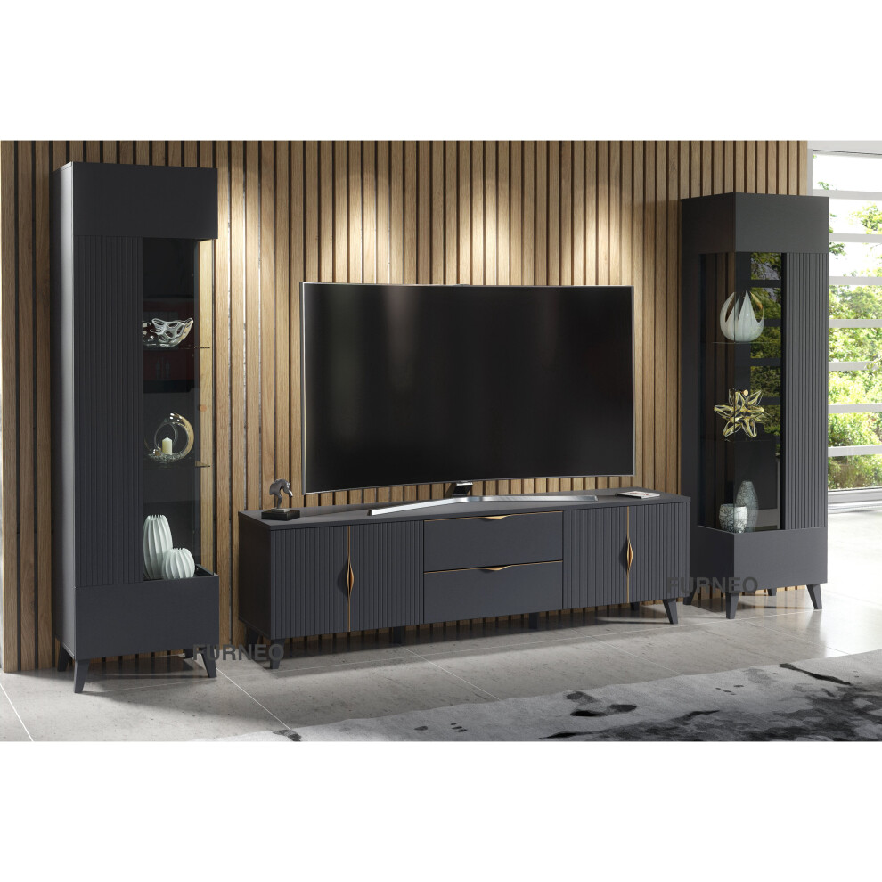 (No LED Lights) Furneo Grey Living Room Set TV Stand Display Cabinets Azzurro10/12G LED Lights