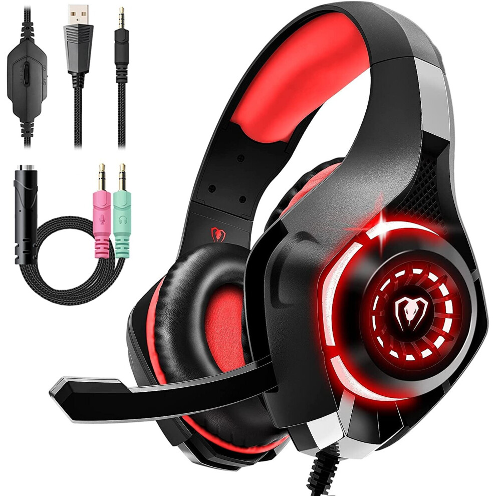 Gaming Headset for PS4 PS5, Over-Ear Headphones with Noise Canceling Mic and LED Light