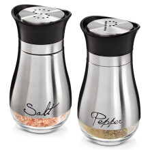Salt and pepper shaker set, modern stainless steel and glass dispenser, 2 pieces, 118ml