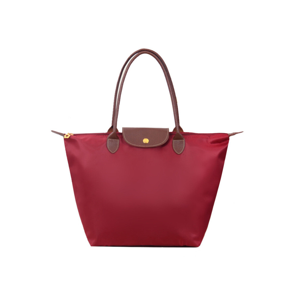 (Wine Red, M) Womens Shoulder Handbag Foldable Shopper Bag