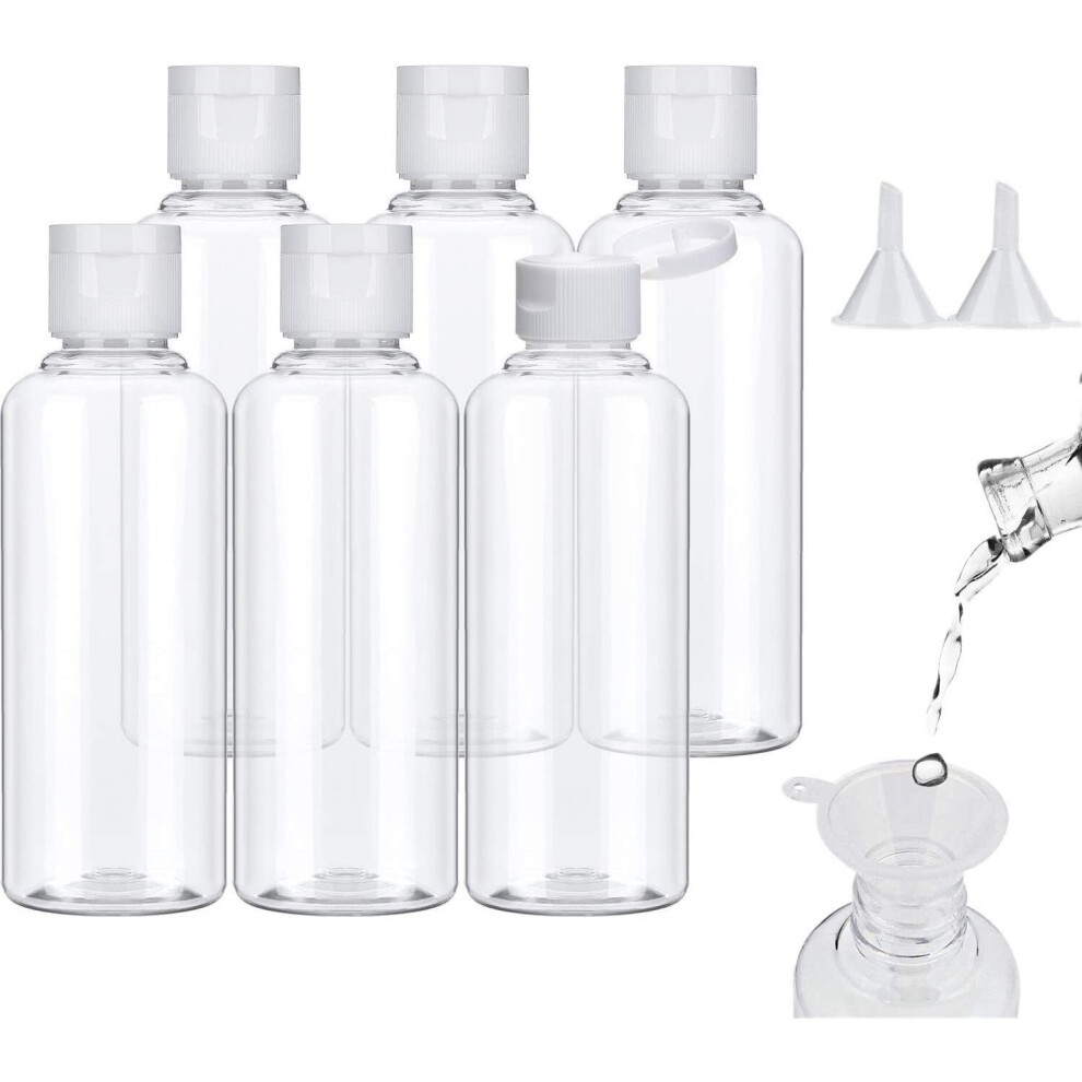 Set of 6 100ml Plastic Travel Bottles with 2 Small Funnels - Clear Plastic - With Small Funnel 