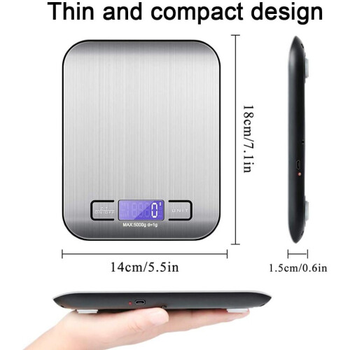 Digital Precision Kitchen Scale, Electronic Kitchen Scale, Tare Function, 5kg / 1g Stainless Steel, Backlit LCD Display, High Precision Home Use Scale 1