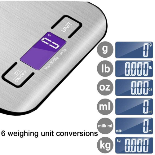 Digital Precision Kitchen Scale, Electronic Kitchen Scale, Tare Function, 5kg / 1g Stainless Steel, Backlit LCD Display, High Precision Home Use Scale 2