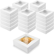 O¡Creme White Bakery Boxes with Window 8x8x2.5 in, 25 Pack, Display Pies, Pastries, Cupcakes and Cookies | Paperboard White Kraft Auto-Popup Window