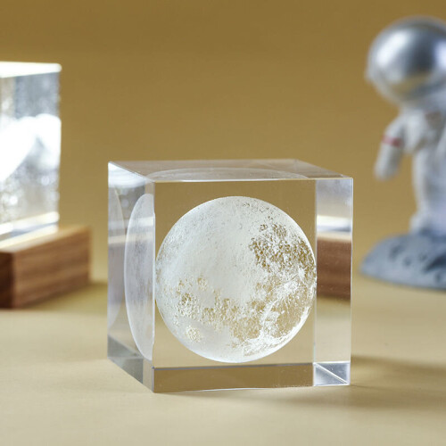 (Moon, 5x5x5cm) 3D Moon Solar Galaxy System Model Paperweight - Laser Etched Crystal Glass Cube, LED Night Light, Desktop Room Decor, Creative Gifts