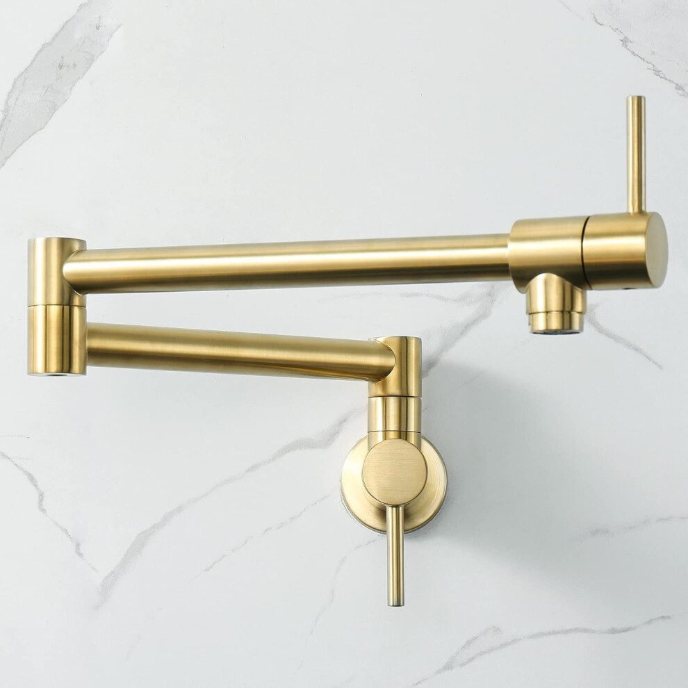 (Brushed Gold) Stainless Steel Brushed Gold Pot Filler Faucet Commercial Wall Mount Kitchen Sink Faucet Folding Stretchable with Single Hole Two Handles