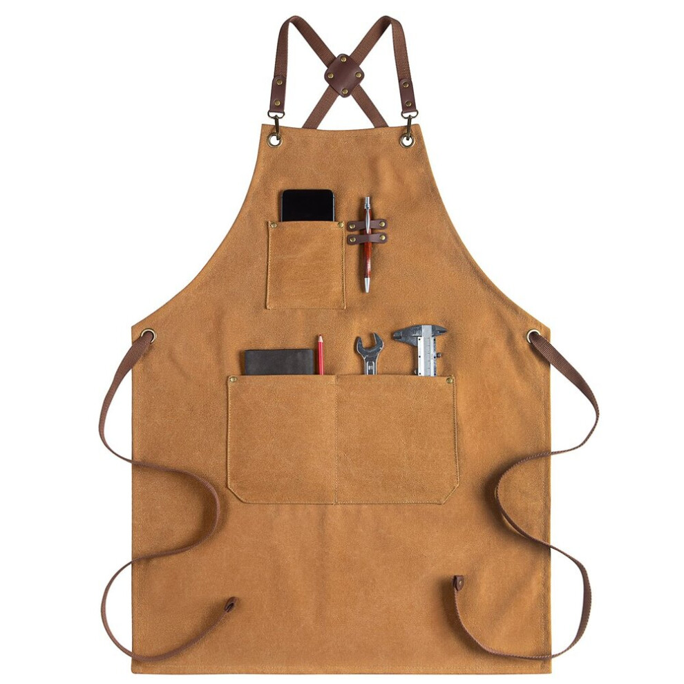 Tablier pour homme en toile Arpons avec poches - Tablier de cuisine pour cuisiner, griller, pâtisserie, barbecue, barbier - Marron