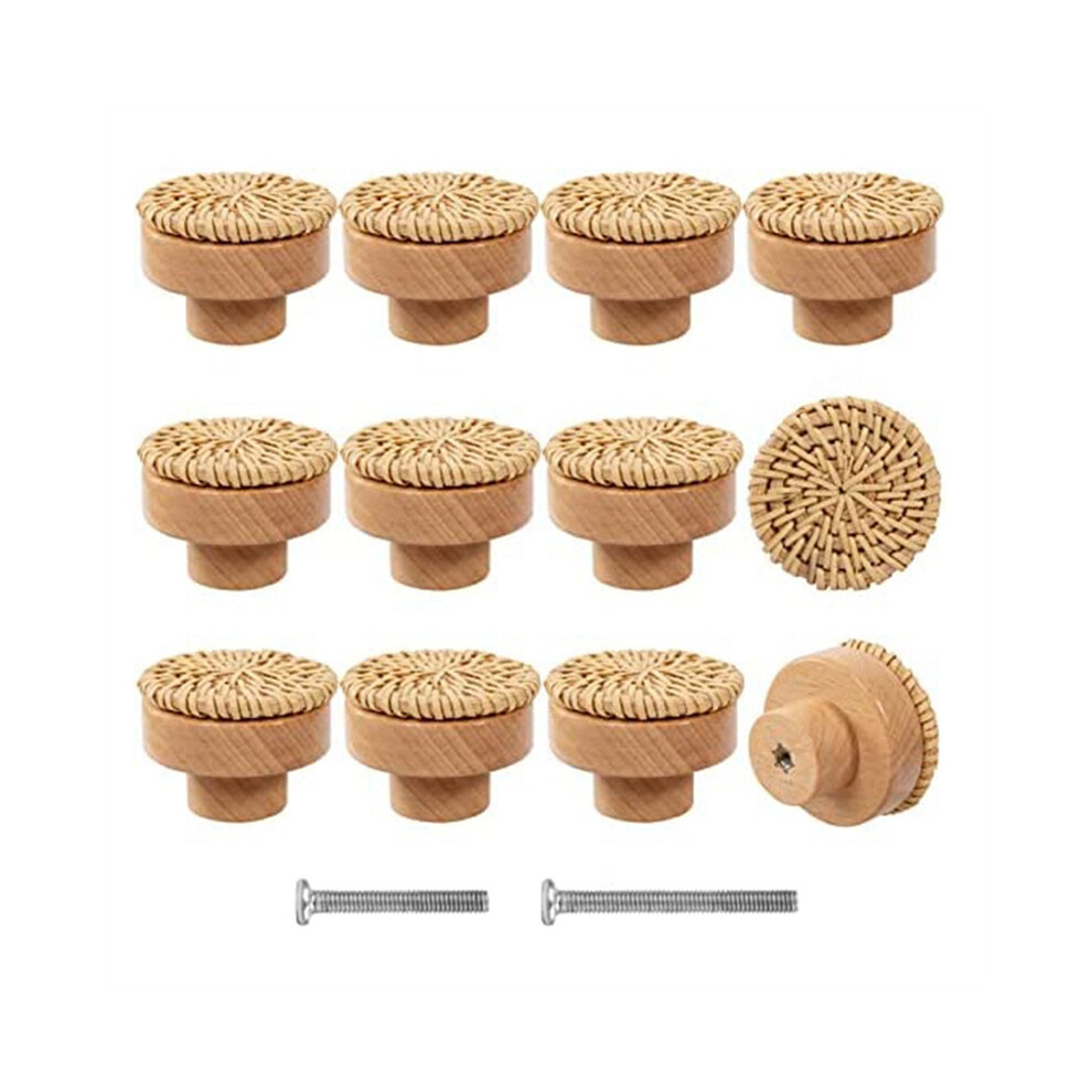 12Pcs Boho Rattan Dresser Knobs- Durable Beech Wood Drawer Knobs Handmade Wicker Woven Pulls with 24 Screws for Cabinets