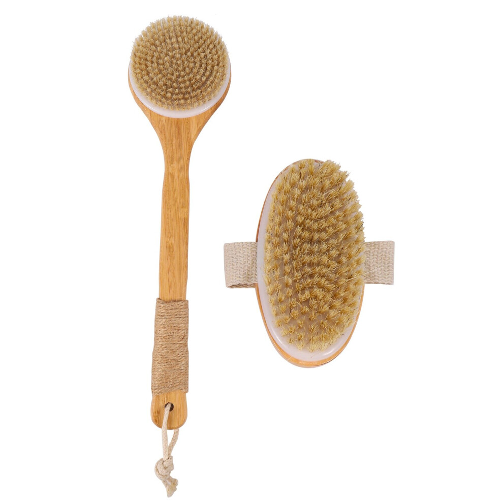 Wooden Bath Brush 2,Bristle Bath Brush Body Massage Dry Brush Exfoliating Long Handle Wood Body Shower Brush