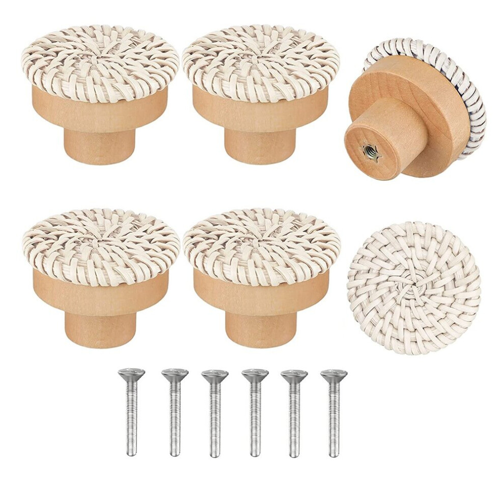 Boho Rattan Dresser Knobs Round Wooden Drawer Knobs Handmade Wicker Woven And Screws For Boho Furniture Knobs Beige 6Pc 4761339334056