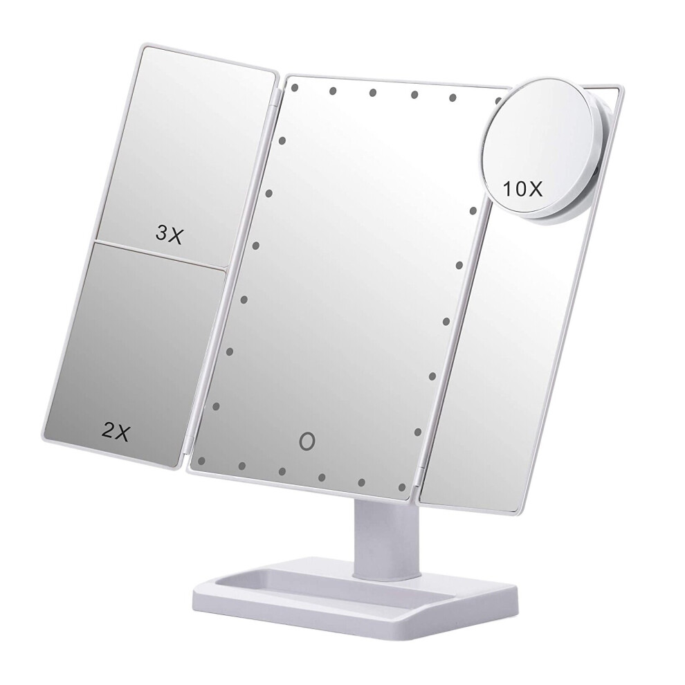 Tlily White Trifold With 22 Led Lights,10X/3X/2X Magnification Portable Fold Lighted Table Desk Cosmetic Mirror,