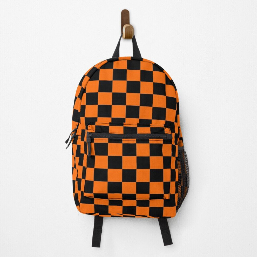 Famgem Orange-Black Checkerboard Backpack 15In - Durable Polyester, Padded Straps, Exclusive School & Travel Bag Orange,Black