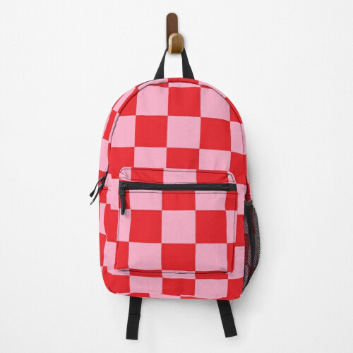 Backpack Checkered Pink and Red School Bag Travel 15"