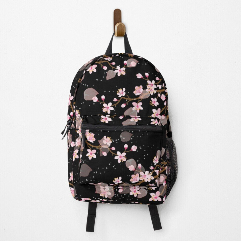 Backpack White and Pink Japanese Cherry Blossom Floral Seamless Repetition pattern on Black  School Bag Travel 15"