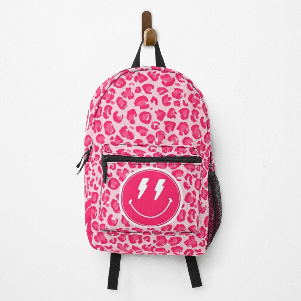 Backpack Preppy School Supplies, Preppy, Aesthetic, Pink, Leopard Print, Smiley, Preppy School Bag Travel 15"