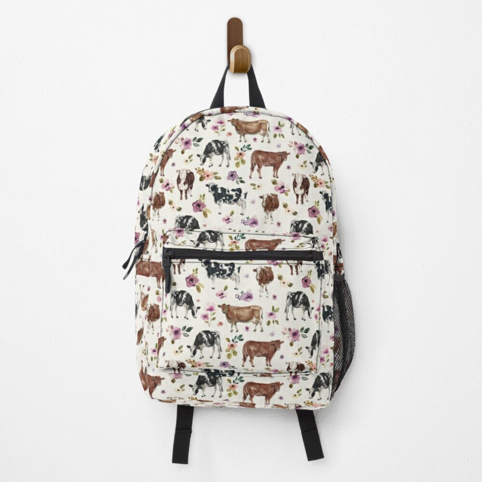 Famgem Backpack Cows And Flowers, Farmhouse, Floral, Cowgirl, Cow Art Print School Bag Travel 15" Purple