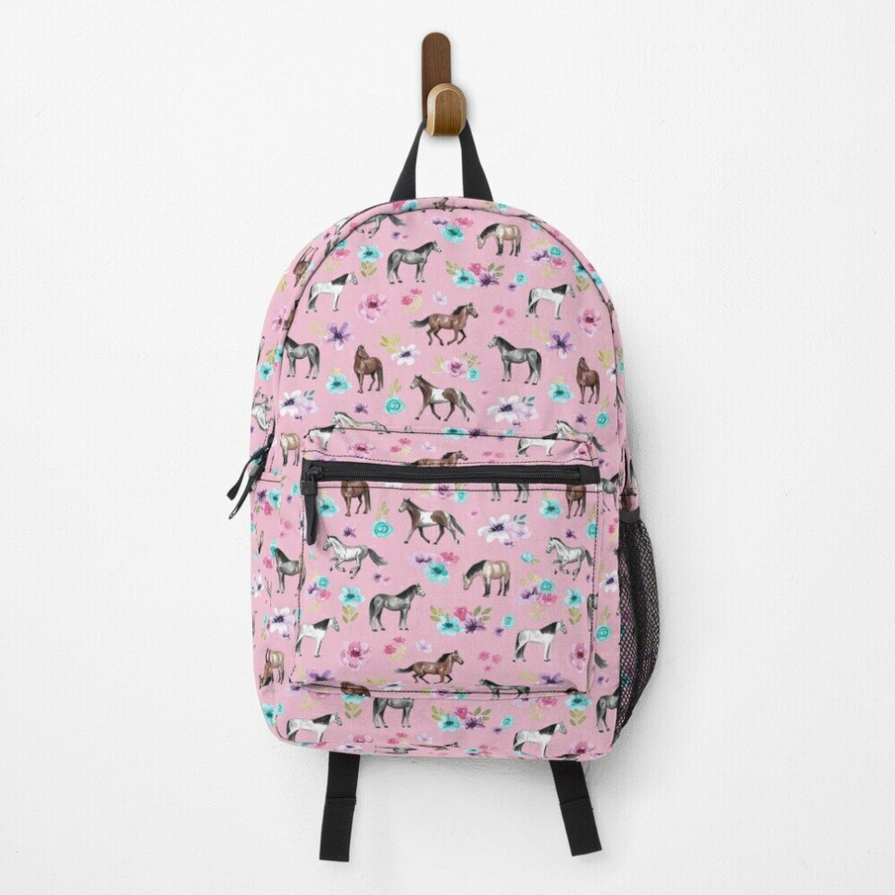 Famgem Backpack Horses And Flowers On Equestrian Art, Horse Decor, Cowgirl, Horse Pattern School Bag Travel 15" Pink