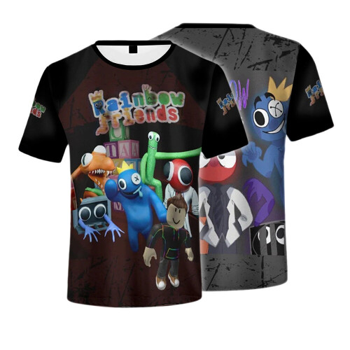 (Black, L) Rainbow Roblox Friends Adult Tshirt Print Short Sleeve Pullover Perimeter Game