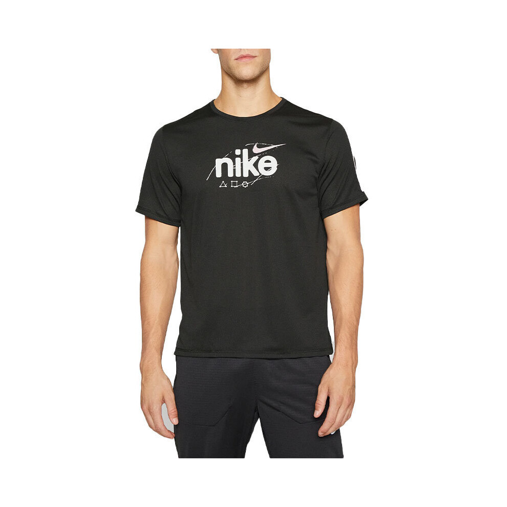 (Black, M) NIKE Mens Dri-Fit T Shirt Short Sleeve Quick Dry Miler Reflective Running Tops