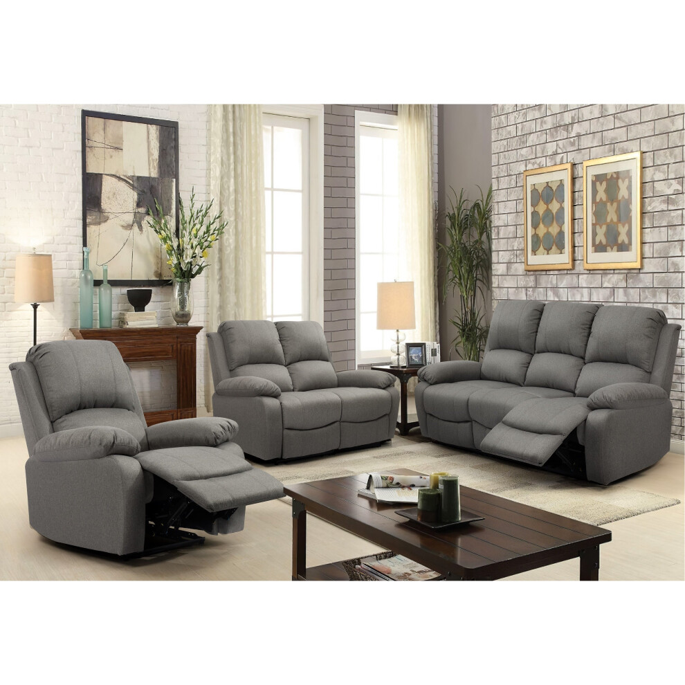 (Light Grey, 3+2+1 Set) Reclining Luxury Fabric Sofa Set In Light Grey or Dark Grey- 3 Piece, 2 Piece, Armchair