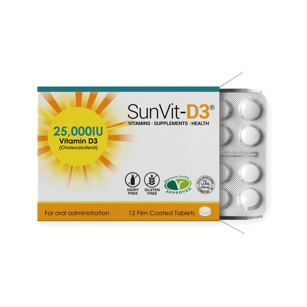 25,000iu Vitamin D3 Tablet Pack, 12 High Strength Weekly Supplement