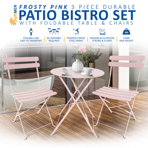 SUNMER 3-Piece Bistro Set with Foldable Table and Chairs - Pink 1