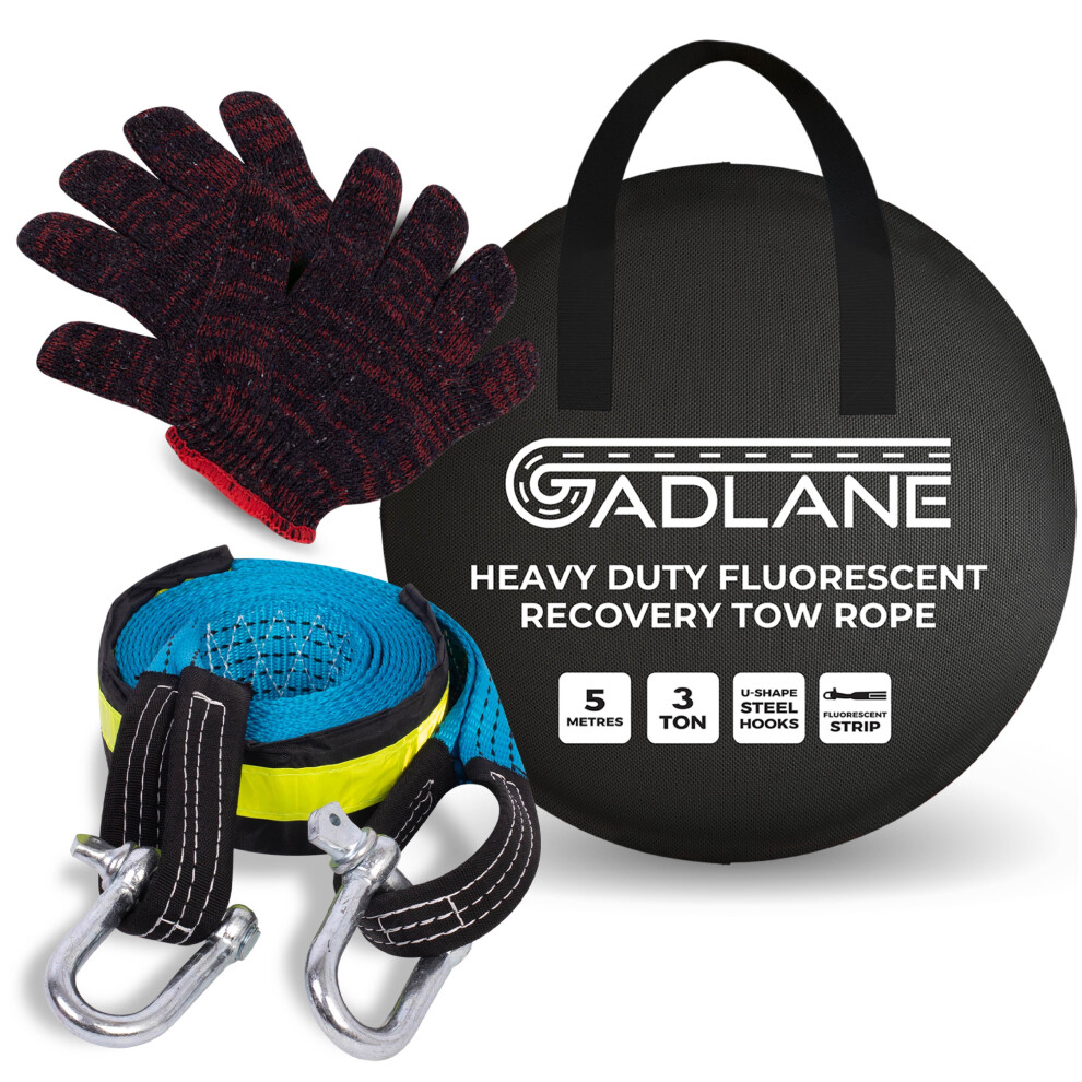 GADLANE Tow Rope Reflective Strips Two Safety Hooks 3 Tonne - 5 Meters