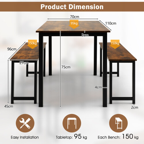 Costway Accent Dining Table and 2 Benches Set of 3 Space-Saving for 2-4 People 1