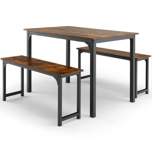 Costway Accent Dining Table and 2 Benches Set of 3 Space-Saving for 2-4 People