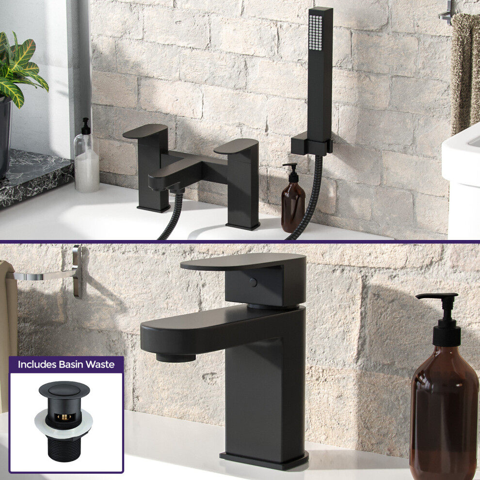 Kento Mono Basin Mixer, Bath Mixer, Handset & Waste Matte Black 6118393192470