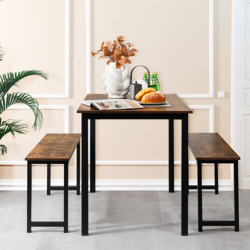 Costway Accent Dining Table and 2 Benches Set of 3 Space-Saving for 2-4 People 2