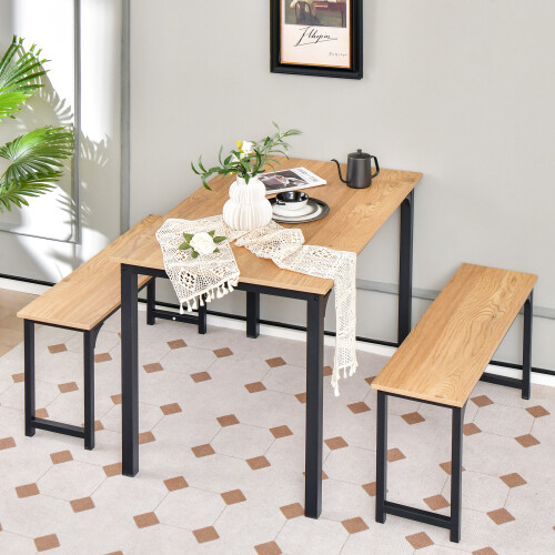 Costway 3-Piece Dining Table Set with 2 Benches Space-Saving Dining Furniture 2
