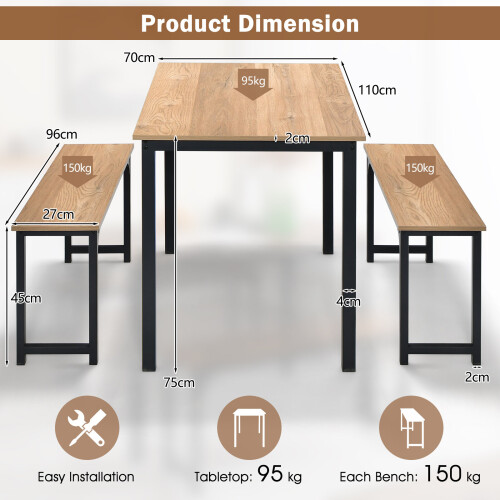 Costway 3-Piece Dining Table Set with 2 Benches Space-Saving Dining Furniture 1