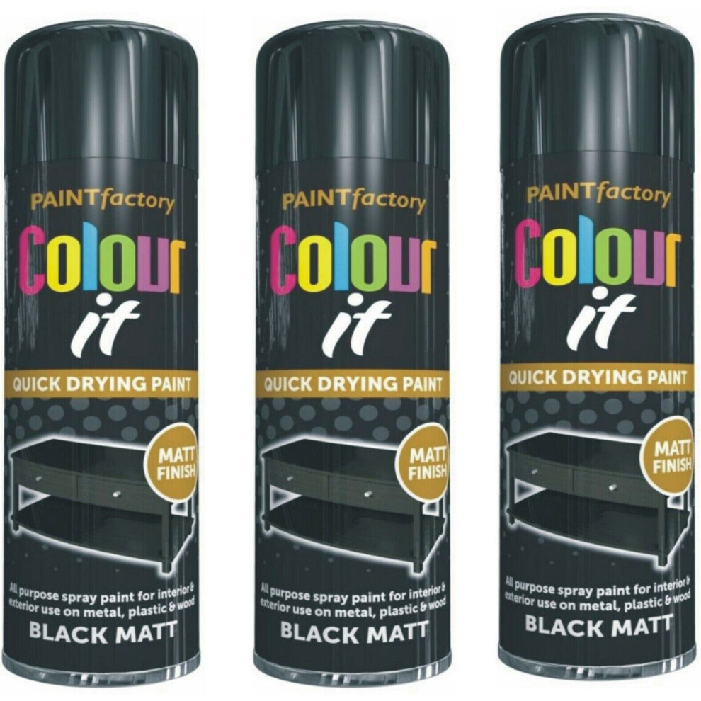 3 X 250ml Black Spray Paint Matt Finish Interior & Exterior Wood Metal