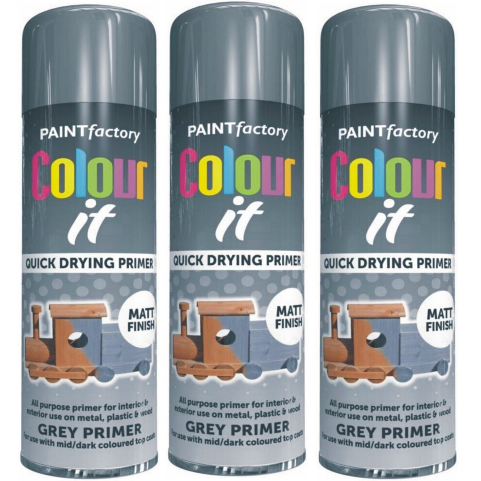 3x250ML Grey Primer Spray Paint Can For Metal Wood Plastic Matt Finish