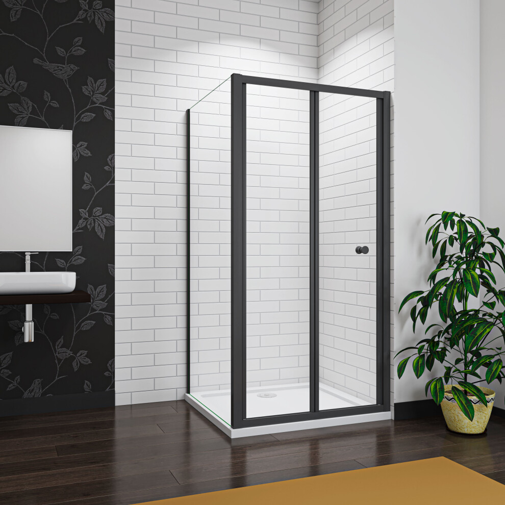 (Door Width: 700mm; Side Panel: 760mm) Bathroom Matt Black Bi Fold Shower Enclosure