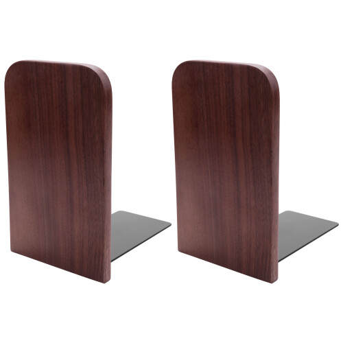 2Pcs Wooden Bookends with Metal Base Heavy Duty Black Walnut Book Stand with Anti-Skid for Office Desktop or Shelves