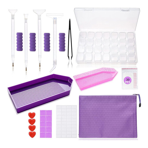 All-in-One DIY Diamond Painting Kit with 28-Slot Box, 4-Sided Diamond Pen, Tweezers & Accessories – Purple