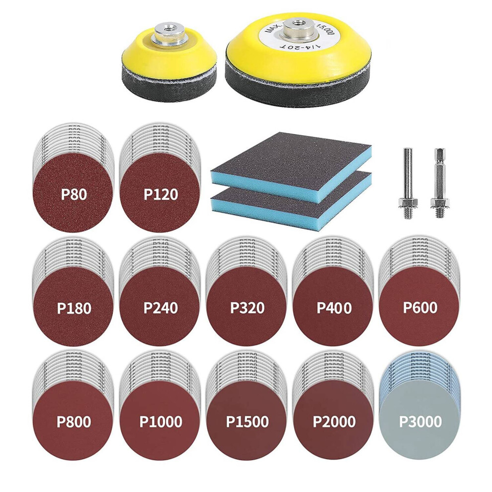 120Pcs 3Inch Sanding Discs with 2 & 3Inch Backer Pads and Sanding Sponge Sander for Drill Grinder Tools