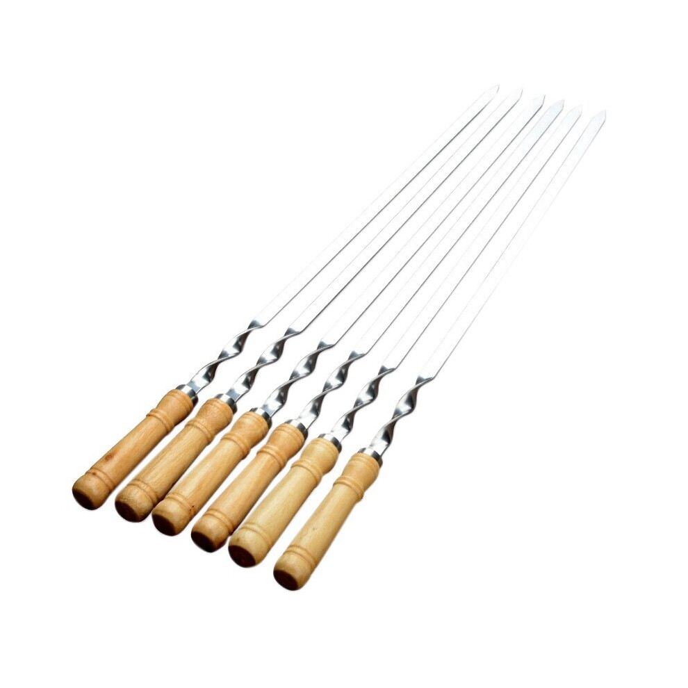 6Pcs 55cm BBQ Skewers Long Handle Shish Kebab Barbecue Grill Stick Wood BBQ Fork Stainless Steel Outdoors Grill Needle