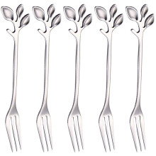 Stainless Steel Fork, Leaf-Shaped Handle Dessert Fork Fruit Salad Meat Kitchen Accessories. Silver 5 Items