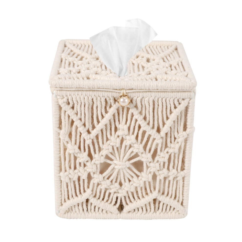 Tissue Box Cover Boho Decor Square Paper Tissue Holder with Bead Buckle Macrame Napkin Tissues Organizer Home Decor
