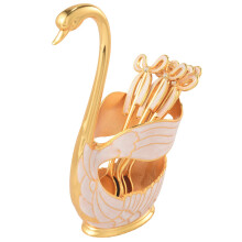 Dinnerware Set,Zinc Alloy Fruit Cake Fork Coffee Tea Spoon Swan Holder Cutlery Set 1XSwan Holder+ 6XSpoons,Gold