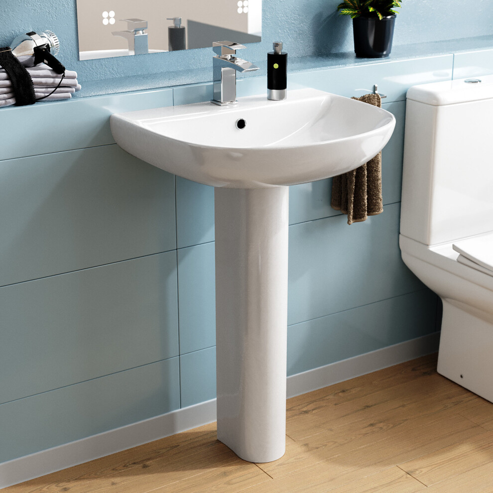 Langley 570mm Full Pedestal Basin Sink with 1 Tap Hole White