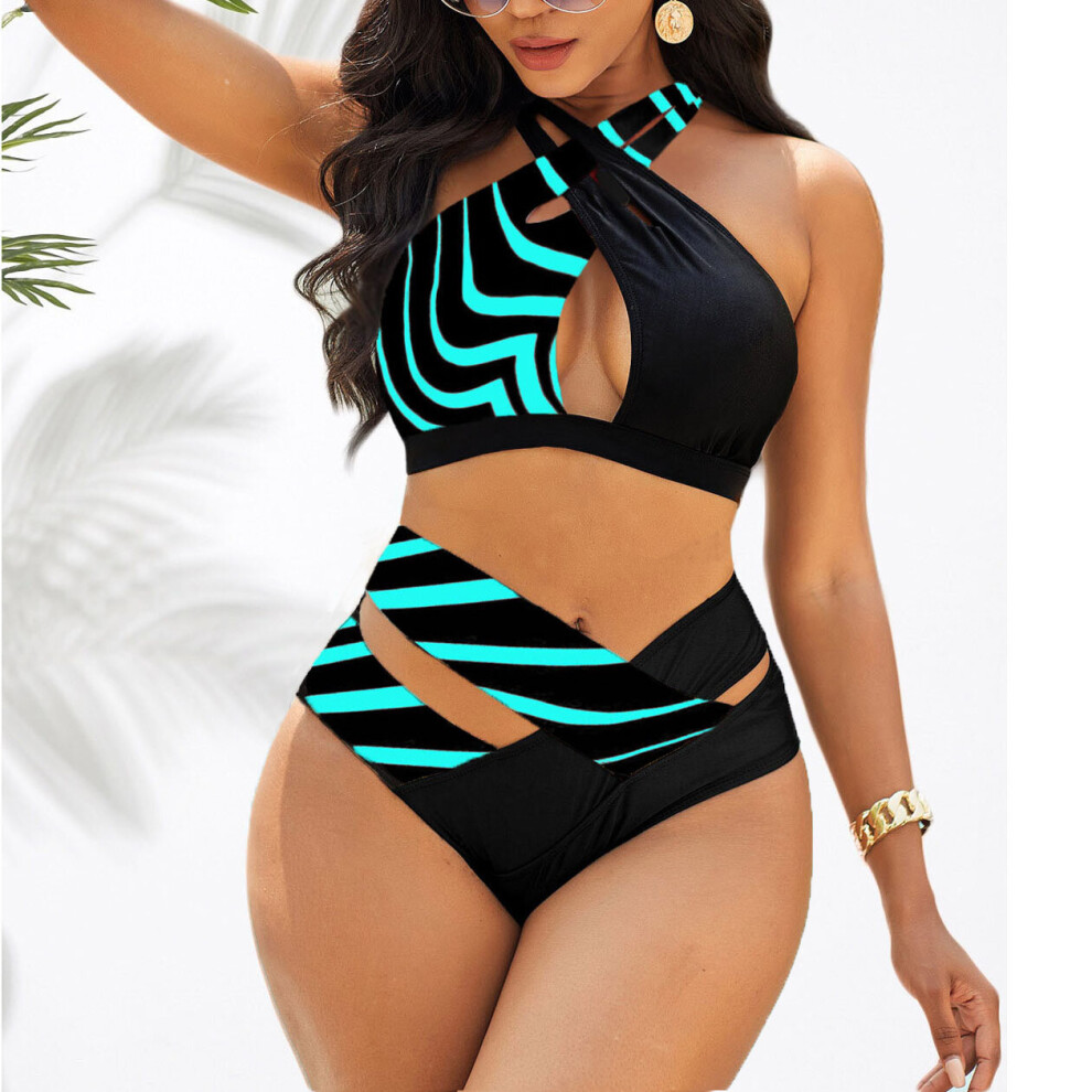 XL 8250 Blue New Women Sexy Stripe Swimsuit High Waist Leopard Print Bikini Set Two Pieces Tankinis Female Swimwear on OnBuy