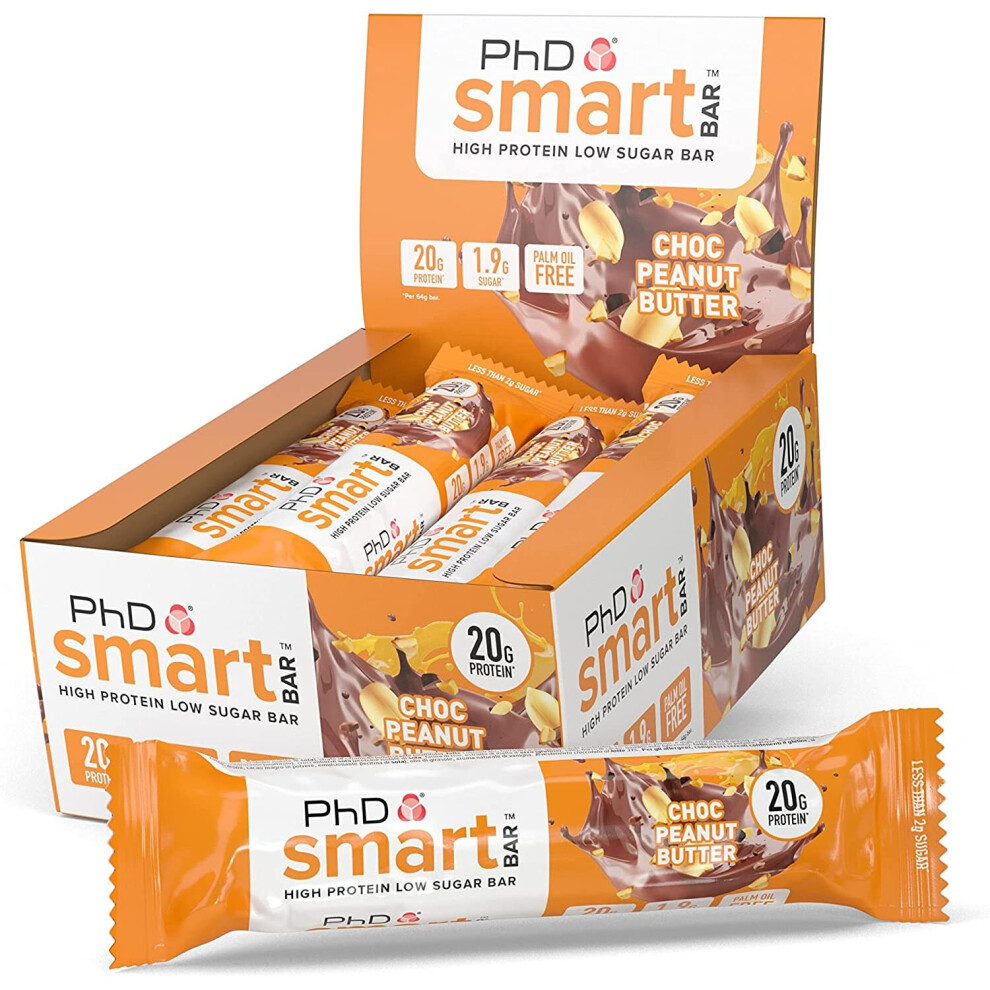 PhD Nutrition Smart Protein Bar, High Protein Low Sugar Protein Snacks, Chocolate Peanut Butter Flavour, 20g of Protein, 64g Bar (12 Pack)