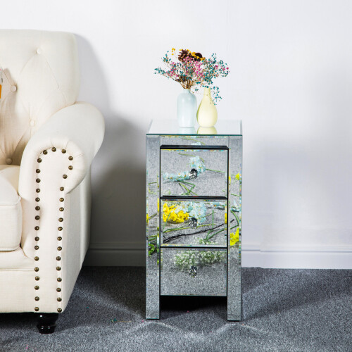 Mirrored Glass Bedroom Bedside Table Cabinet W/ 3Drawer Crystal Handle