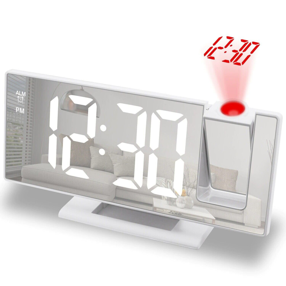 (White) Mirror Projection Alarm Clock Bedroom Ceiling Projection Digital Clock