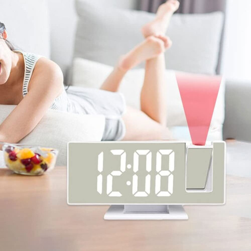 (White) Mirror Projection Alarm Clock Bedroom Ceiling Projection Digital Clock 2